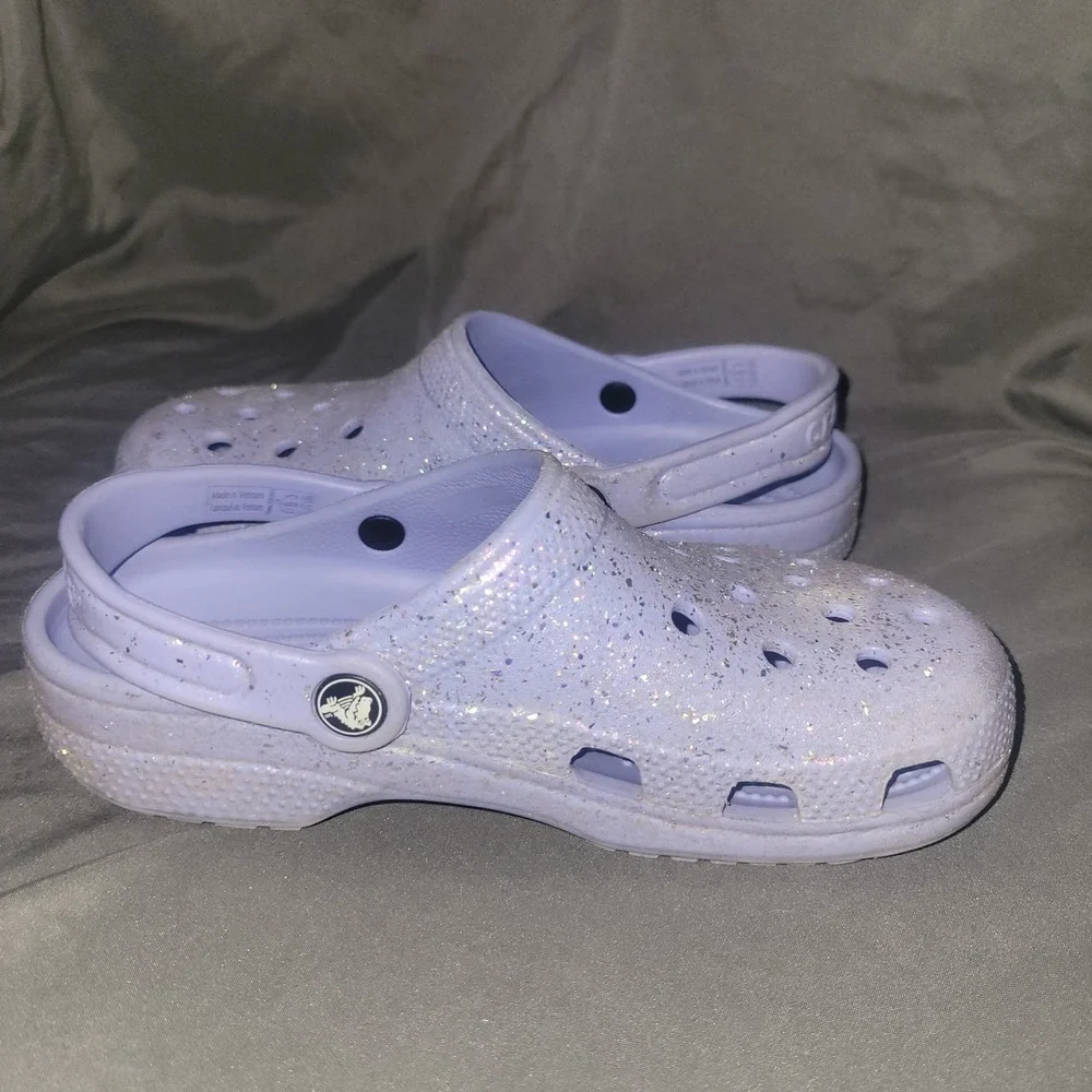 Crocs Classic Glitter Kids Clogs Size 3 Purple Glitter Rubber Slingback